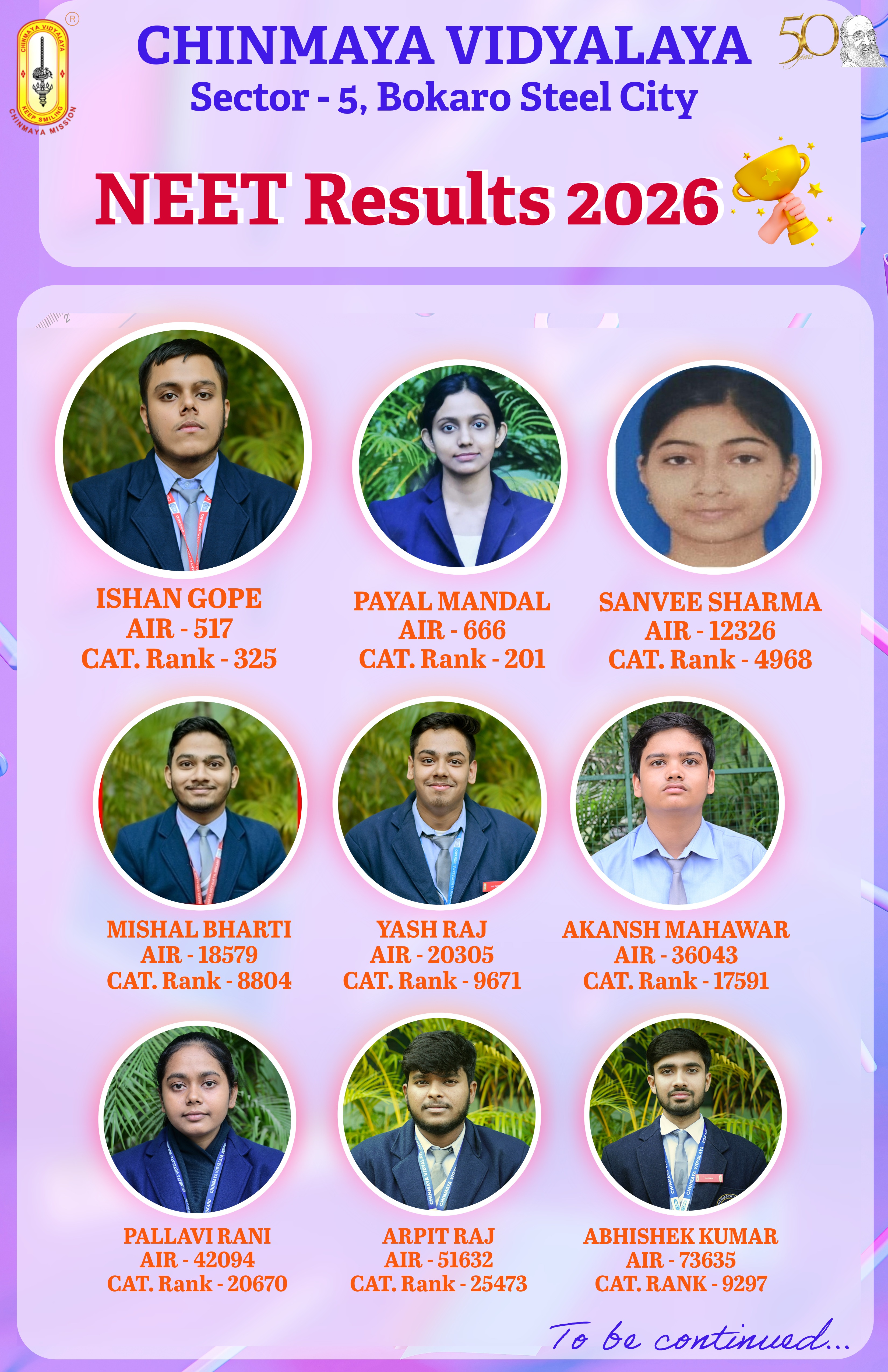 Chinmaya Vidyalaya, Bokaro Triumphs in NEET UG 2026