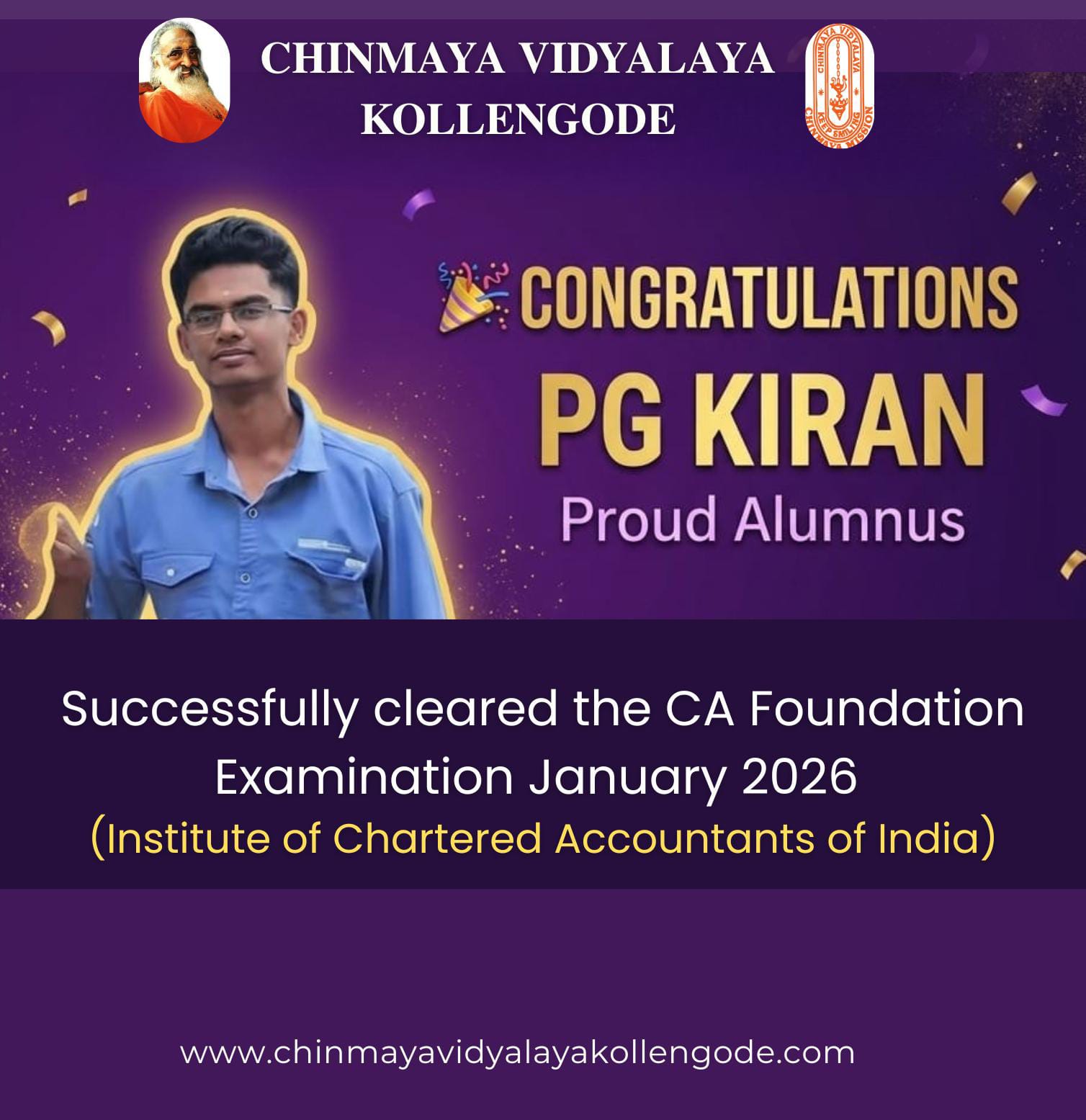 PG Kiran Successfully Clears CA Foundation Exam – January 2026