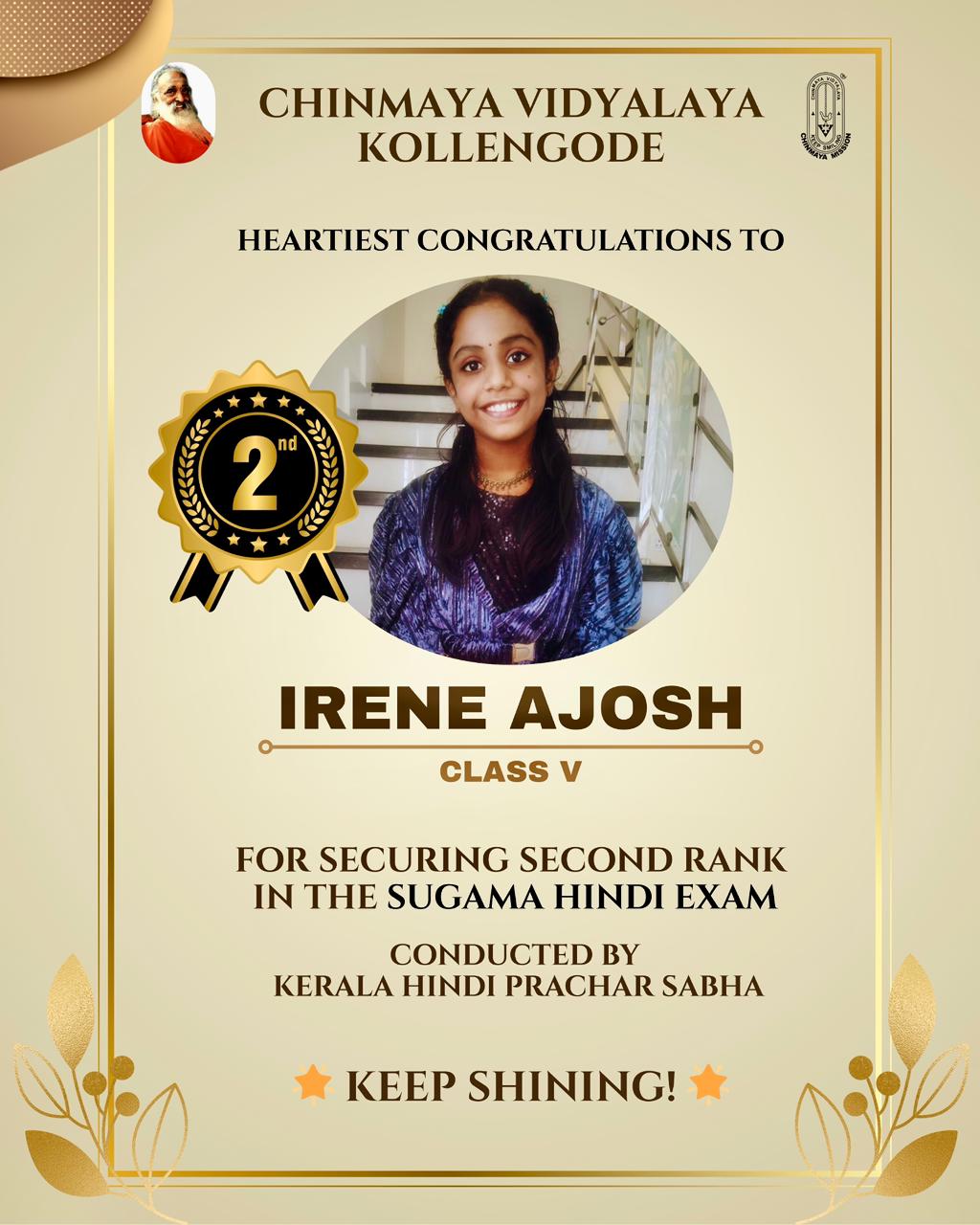 State-Level Recognition in Sugama Hindi Exam: A Distinguished Achievement by Irene Ajos